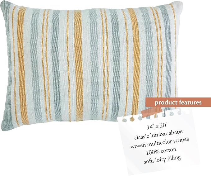 Indigo Ink - Decorative Pillow, Woven Stripe Decorative Pillow, Throw Pillows for Couch or Bed, Boho Home Decor, 14" x 20" (White Denim Collection, Grey/Yellow)