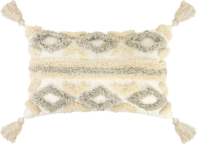 Merrycolor White Grey Boho Throw Pillow Covers 12x20 with Tassels Tufted DecorativeThrow Pillows Neutral Accent Pillowcase Farmhouse Square Cushion Covers for Couch Sofa Bedroom Living Room