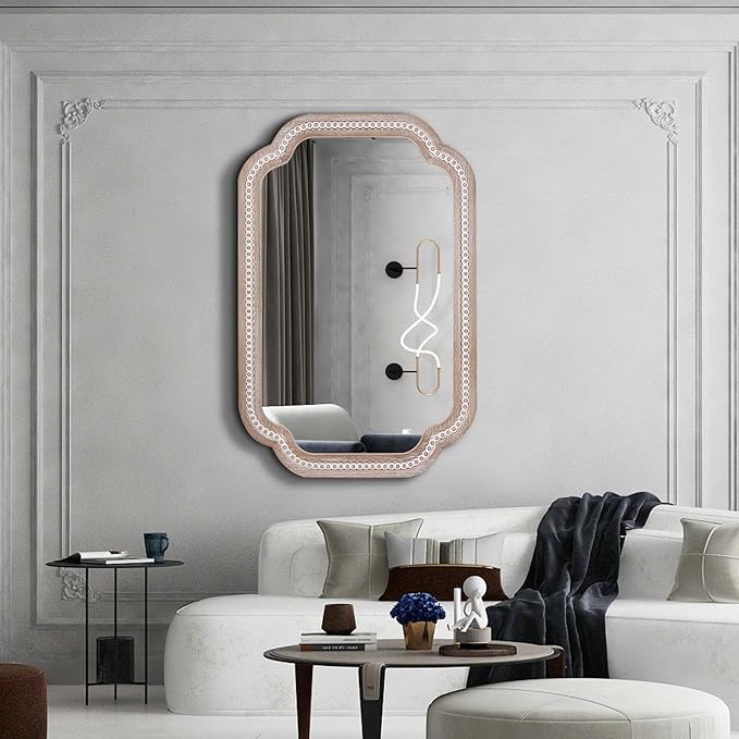 36x24 Inch Scalloped Wall Mirror with Beaded Wood Frame, Boho Farmhouse Decorative Mirrors for Bathroom Over Sink, Living Room, Entryway