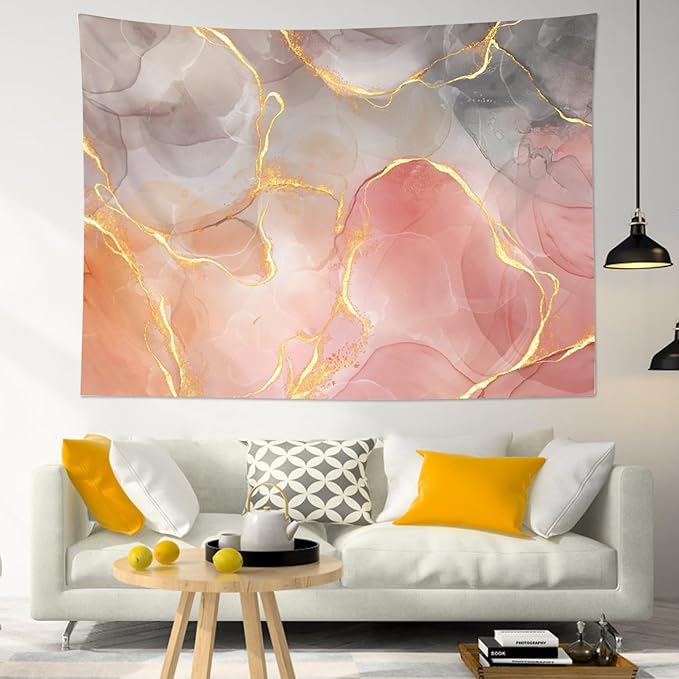 LB Pink Marble Tapestry Wall Hanging Grey Geometric Gold Striped Tapestry Abstract Minimalist Tapestries Backdrop Art Decor for Bedroom Living Room College Dorm,59Wx51H inch
