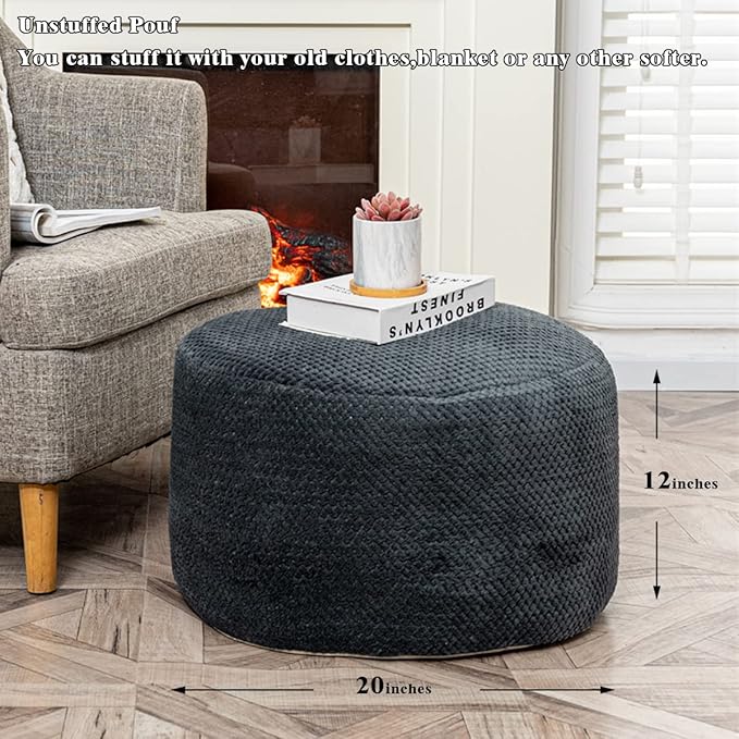 Asuprui Pouf Ottoman Unstuffed Ottoman Foot Rest No Filler Soft Foot Stool 20x20x12 Inches Fuzzy Chair Floor Pouf Chair with Storage for Living Room Bedroom Dark Gray