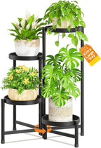 LASZOLA 4 Tier Large Plant Stand Indoor Tall with 10 Inch Metal Tray, Corner Folding Flower Display Rack, Modern Plant Holder Shelf for Outdoor Patio Porch Garden Office Living Room, Black