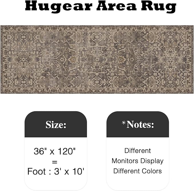 HUGEAR 3x10 Runner Rug Hallway Retro Brown Machine Washable Vintage Floral Low Pile Carpet Vacuumable Distressed Long Throw Rug Bedroom Office Bathroom Kitchen Laundry Non Slip Soft Lightweight