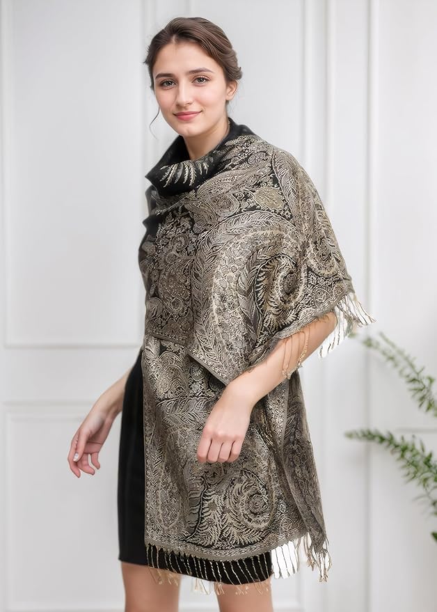 Achillea Reversible Paisley Pashmina Rave Scarf – Exotic Indian Shawls and Wraps for Evening Dresses, Festivals, All Seasons