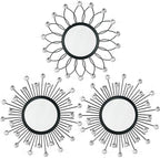 3 Pack Metal Mirrors for Wall Sunburst Wall Mirrors Home Décor Decorative Hanging Wall Art for Living Room Bedroom Entryway (Black Crystal, Flower+Sunburst)