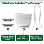T4U 12 Inch Large Hanging Planters for Indoor Plants, 2 Pack Self Watering Pots Indoor, Hanging Baskets for Plants,Hanging Flower Pot with Drainage Hole and Plant Hanger, White