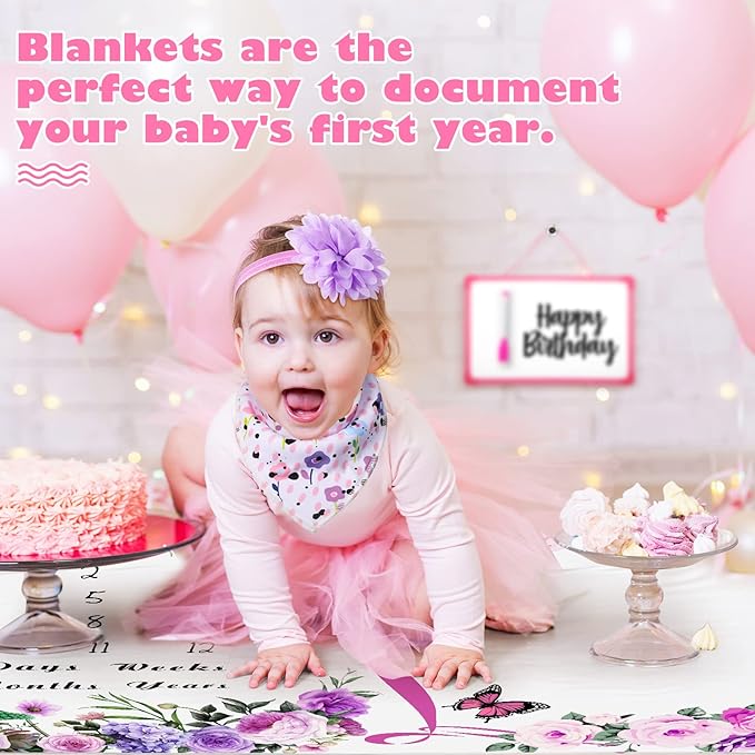 Chumia 6 Pcs Baby Monthly Milestone Blanket for Girl 60" x 40" Butterfly Milestone Blanket Age Photo Photography Backdrop with Newborn Calendar Growth Chart Bib Headband(Purple,Floral Pattern)