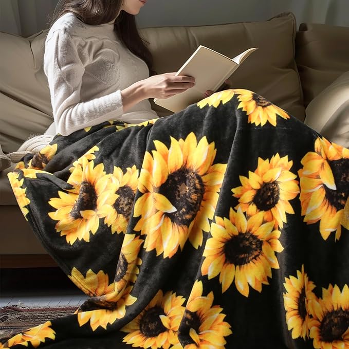 MACEVIA Sunflower Blankets Gifts for Women, Flannel Fleece Sunflower Gift, Floral Throw Blanket for Couch Bed Sofa, Soft Cozy Warm Lightweight Blankets for Travel Camping 260GSM (50"x60")