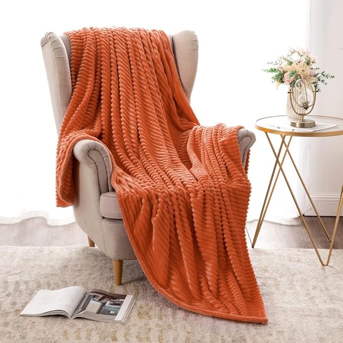 MIULEE Burnt Orange Throw Blanket 3D Ribbed Jacquard Fleece Flannel Velvet Plush Decorative Bed Blanket (Throw, 50" x 70") - Super Soft, Lightweight, Warm and Cozy for Couch Sofa