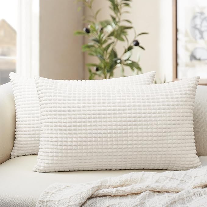Softalker Throw Pillow Covers 12x20 Inch, Set of 2, Soft Corduroy Boho Stripe Decorative Pillow Cover, Couch Fluffy Pillow Cover for Farmhouse Home Decor Bed Living Room, Cream