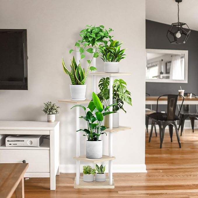 6 Tier Plant Stand Indoor, Thickened Metal Wood Corner Plant Shelf Stands for Multiple Plants, Indoor Tall Plants Stand Tiered Flower Holder for Living Room Patio Garden Balcony(White+Oak)