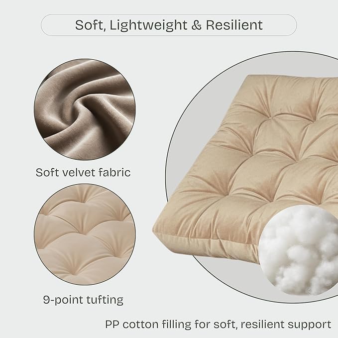 Floor Pillow for Sitting, Large Velvet Floor Seating Cushion for Adults, Tufted Big Pillow for Meditation, Yoga & Living Room, Machine Washable, 22x22 Inch, Beige