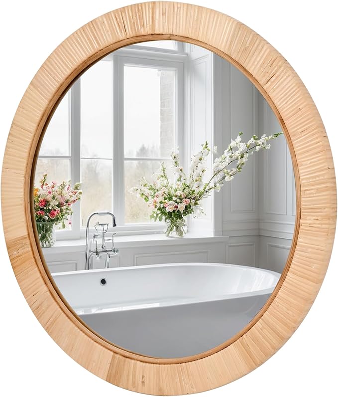 FUIN 20" Boho Round Rattan Mirror – Handwoven Wicker Wall Mirror for Nursery, Farmhouse & Coastal Décor