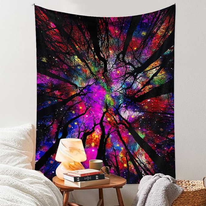 Blacklight Galaxy Forest Silhouette Tapestry for Bedroom Night Sky Ceiling Tapestry for Bedroom Decor Dark Forest Stars Tapestries Glow in the Dark Starry Night Tapestries UV Reactive Dorm Decor 29x37