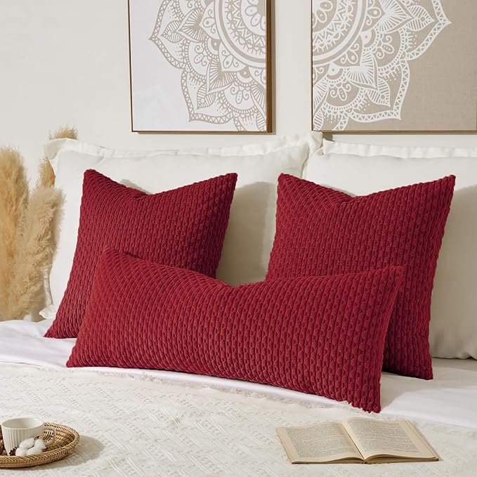 Kevin Textile 14x36 Inch Long Lumbar 1 Pack Valentines Decorative Throw Pillow Cover Soft Striped Corduroy Rectangle Cushion Case Farmhouse Solid Color Accent for Living Room Couch Sofa Bed, Burgundy