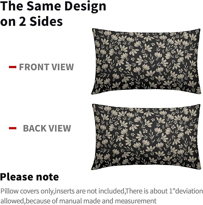 Vintage Flower Lumbar Pillow Covers 12x20 Set of 2 Rustic Old Style Cute Small Floral Black Cream Decorative Throw Pillows Outdoor PillowCase Farmhouse Linen Long Cushion Case Decor for Sofa Couch Bed
