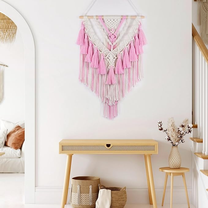 HVEST Pink Macrame Wall Hanging Woven Boho Wall Art Handmade Woven Tassel Tapestry, Bohemian Home Decor for Bedroom Living Room Apartment Nursery Backdrop