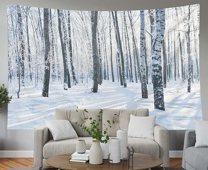 EMMTEEY Snowy Forest Winter Scene Birch Forest White 92.5X70.9 Tapestry For Friends & Families
