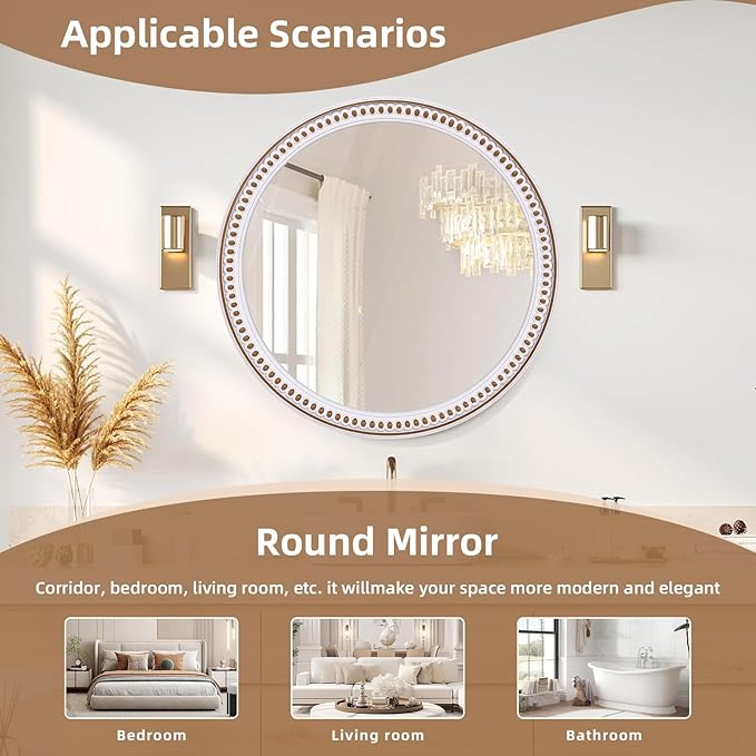 24 Inch Rustic Round Wall Mirror, Farmhouse Wooden Circle Bathroom Vanity Mirror for Entryway, Living Room, Bedroom & Hallway Home Decor