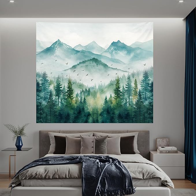 Atrippy Forest Mountain Nature Tapestry, Misty Foggy Sage Green Landscape Tapestries Wall Hanging, Tree Aesthetic for Bedroom Living Room Backdrop Decor 51x60 Inch