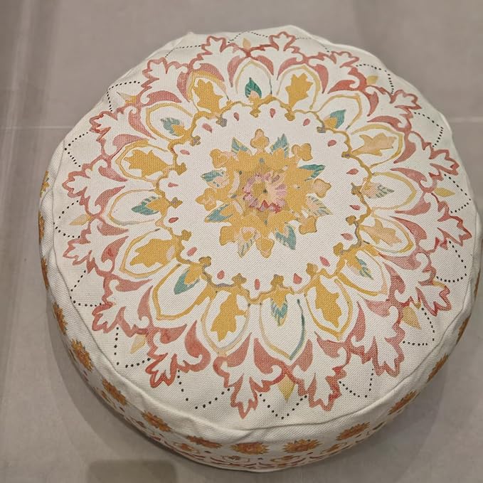 MOCOFO Round Bohemian Ottoman Pouf Cover, 18 Inch, Cotton Blend, Church Window Print, Living Room Storage Footrest, Cover Only (Light Tie-dye Pink)