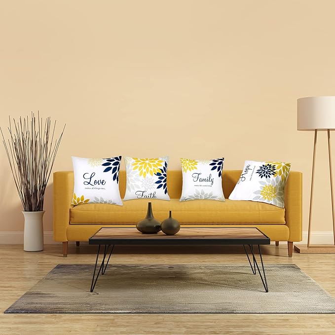 Tatuo 4 Pcs Flower Pillow Covers Square Spring Pillow Cushion Cases 18 x 18 Inch Family Faith Hope Love Words Decorative Summer Winter Cushion Case for Bed Couch Sofa Living Room(Yellow Series)
