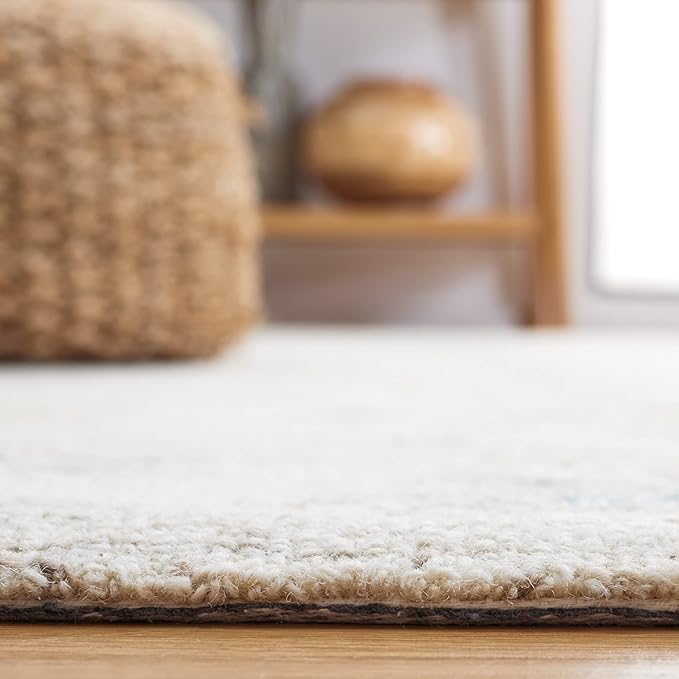 SAFAVIEH Micro-Loop Collection Area Rug - 6' Square, Ivory & Blue, Handmade Boho Rustic Wool, Ideal for High Traffic Areas in Living Room, Bedroom (MLP476M)