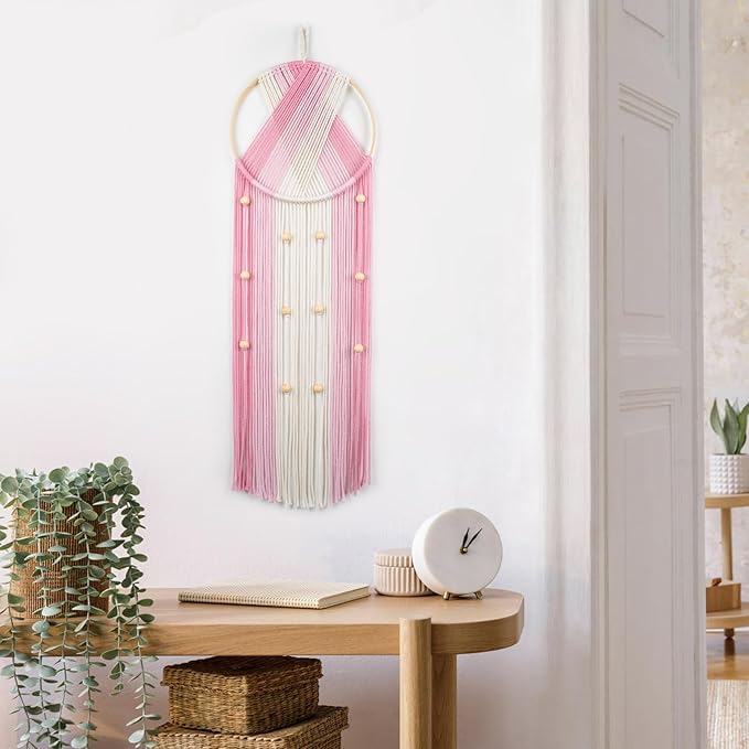 EOBTAIN Pink Macrame Wall Hanging Dream Catchers Pink and Beige Woven Tapestry Wall Art with Ombre Tassel, Boho Macrame Wall Decor for Bedroom Living Room Apartment Home,31.5L x9.84W Inch