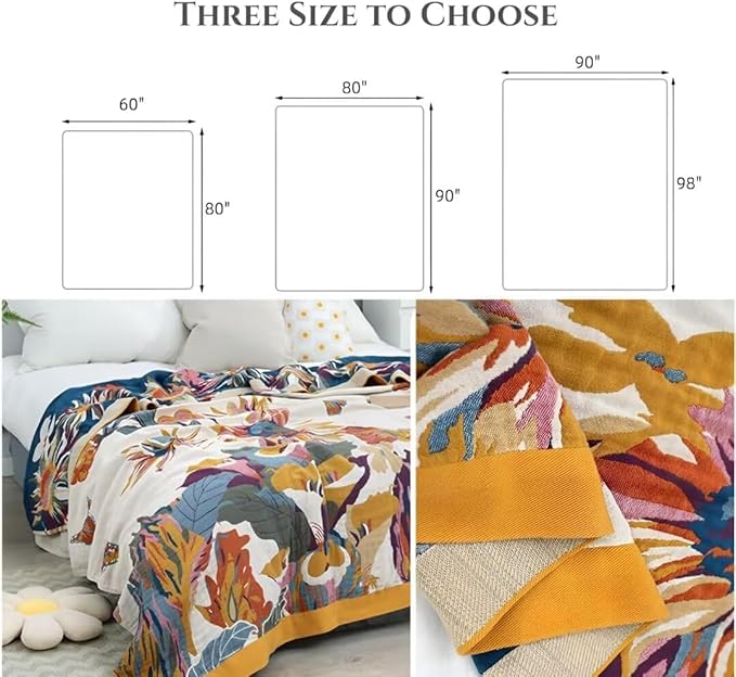 Boho Blanket for Bed 100% Cotton Bohemian Throw Blankets Ultra Soft Woven Muslin Decorative Blankets All Seasons Vintage Quilt Knitted Blanket for Sofa Chair(Yellow, 50"x60")