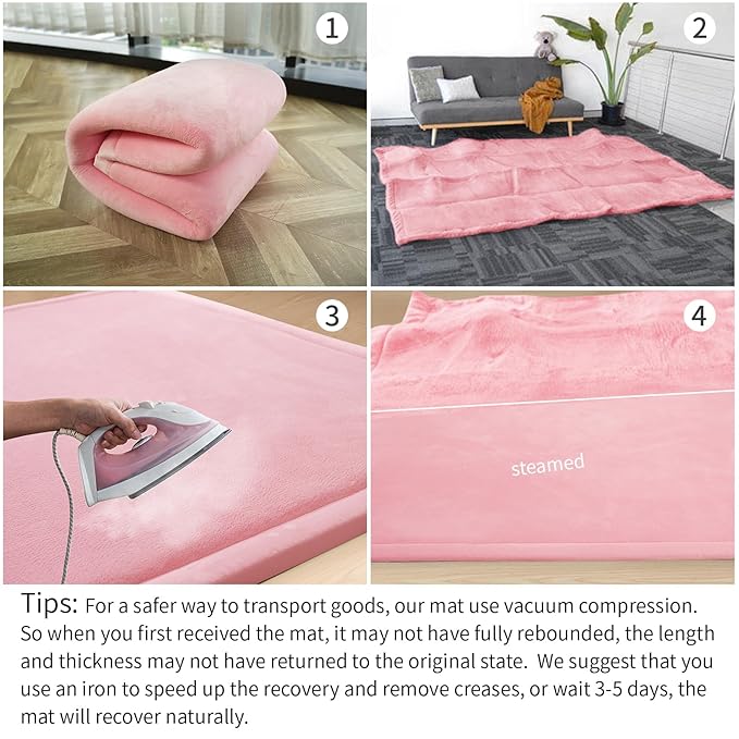 Baby Play Mat for Floor,1.3" Thick Elasti-Foam 50x50 Playpen Mat for Toddlers Infant Kids,Water-Repellent Soft Coral Velvet Tummy Time Mats,Non Slip Crawling Mats,Tatami Style(Pink)