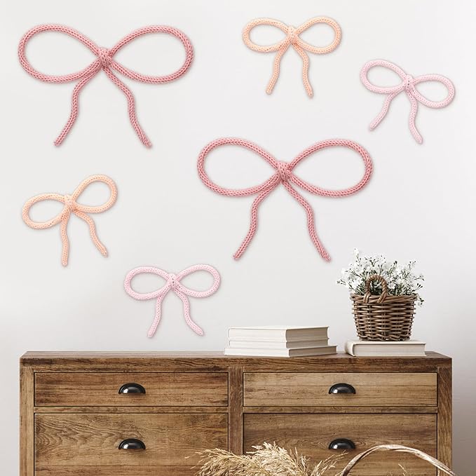 Barydat 6 Pcs Boho Bow Wall Decor Pink Bow Nursery Decoration Coquette Room Decor Woven Macrame Wall Hanging 2 Size Pink Preppy Decoration for Nursery Dorm Girls Room Art