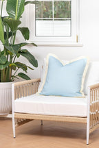 Hofdeco Premium Coastal Hampton Style Patio Indoor Outdoor Pillow Cover Only, 20"x20" Water Resistant for Backyard, Couch, Solid Baby Blue White Fringe