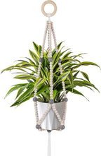 Hotfiary Plant Hanger Indoor Hanging Plant Holder Hang Planter Basket Wood Bead Decorative Flower Pot Holders Boho Farmhouse Rustic Decor Indoor Outdoor (Pot Not Included)