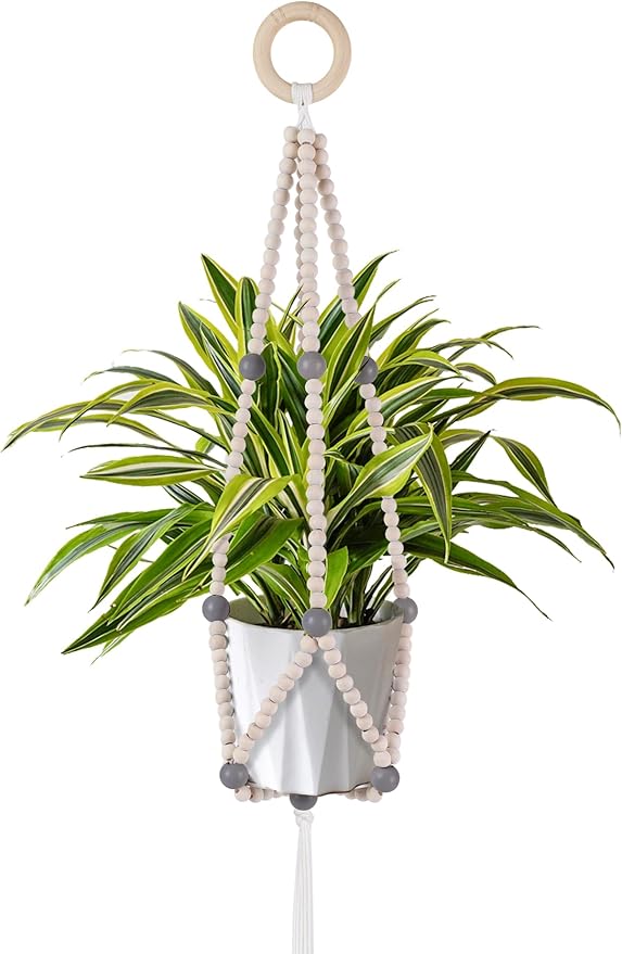 Hotfiary Plant Hanger Indoor Hanging Plant Holder Hang Planter Basket Wood Bead Decorative Flower Pot Holders Boho Farmhouse Rustic Decor Indoor Outdoor (Pot Not Included)