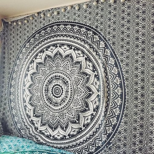 Popular Handicrafts Tapestry Wall Hanging Hippie Ombre Mandala Bohemian Hippy Psychedelic Design Indian Tapestries Bedspread 54 x 82 Inches (140cm x 210cm) Black Grey - color: Black Grey, size: 82"L x 54"W