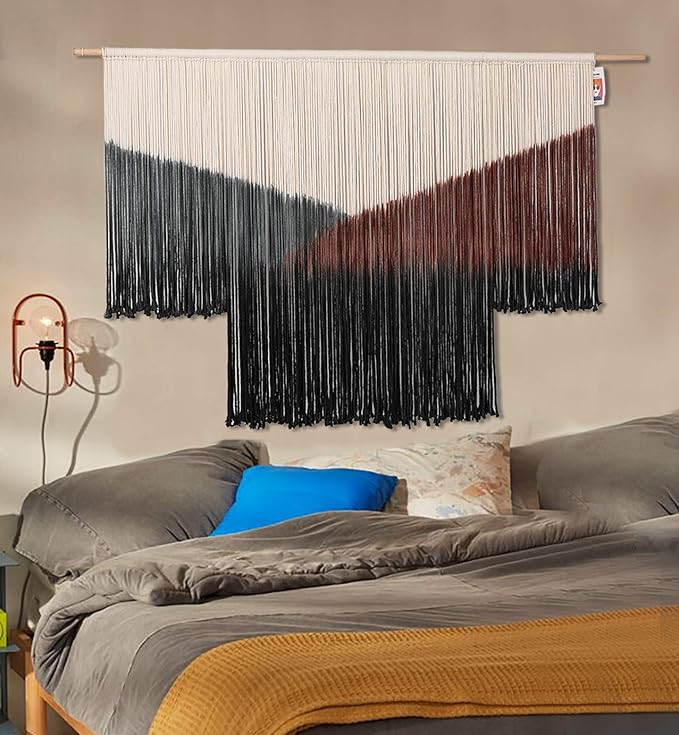 Flber Macrame Wall Hanging Large Black Tie-Dye Geometric Décor Bohemian Yarn Tapestry Home Boho Wall Décor 59" Wx35 L