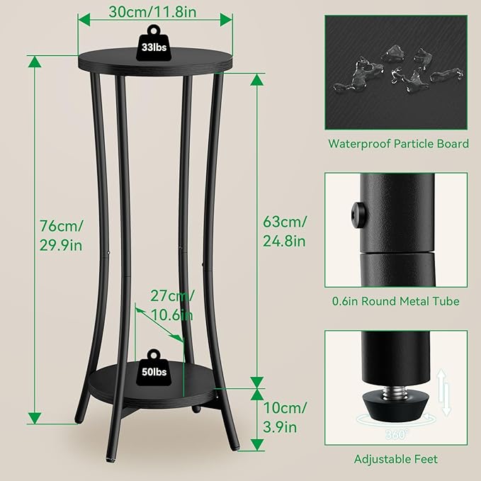 IBUYKE 30 Inch Tall Plant Stand Indoor, 2 Tier Wood Corner Plant Stand, Modern Round Plant Shelf Flower Stand for Living Room Patio Balcony Garden, Black TMJ074B