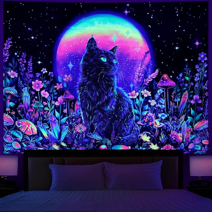 Dermijer Blacklight Black Cat Tapestry UV Reactive Moon Stars Floral Wall Hanging Tapestry Moonlit Garden Home Decor for Bedroom Living Room Dorm 78.7L x 59.1W