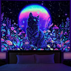Dermijer Blacklight Black Cat Tapestry UV Reactive Moon Stars Floral Wall Hanging Tapestry Moonlit Garden Home Decor for Bedroom Living Room Dorm 78.7L x 59.1W