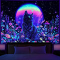 Dermijer Blacklight Black Cat Tapestry UV Reactive Moon Stars Floral Wall Hanging Tapestry Moonlit Garden Home Decor for Bedroom Living Room Dorm 92.5L x 70.8W
