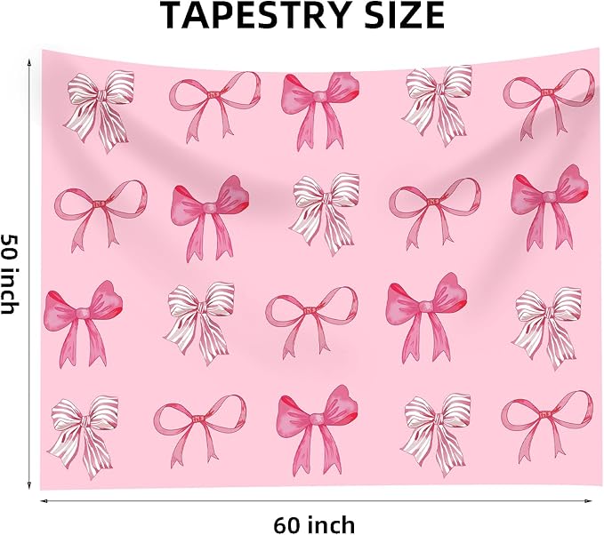 Pink Bow Tapestry - Coquette Pink Bow Tapestries, Girly Aesthetic Wall Hanging, Wall Blanket Room Decor, Bow Knot Aesthetic Bedroom Decor for Teen Girls Room, Bedroom, Dorm, Apartment Decor - 50 x 60 Inches