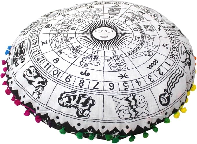 CRAFT KALA Large Round Bohemian Floor Pillow Pouf Cover Mandala Meditation Room Pillow Cover for Adults Boho Seating Poufs Cushion Cover for Kids Playroom 32" Round Black Zodiac