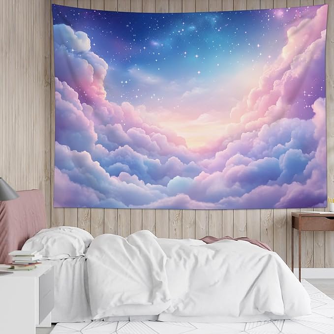 LB Pink Cloud Tapestry Blue Starry Sky Wall Tapestry Aesthetic Nature Scenery Wall Decor for Bedroom Living Room College Dorm,59Wx51H inches
