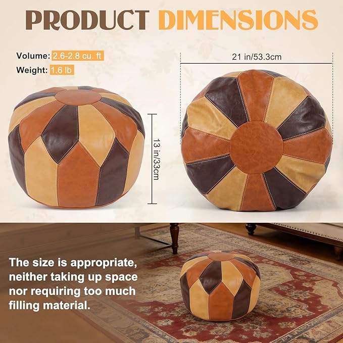 Crystalberry 21in × 21in × 13in Unstuffed Moroccan Pouf Ottoman with Storage Round Faux Leather Boho Footrest Foot Stool Cover Waterproof Poofy Ottoman Cover for Living Room Bedroom Patio