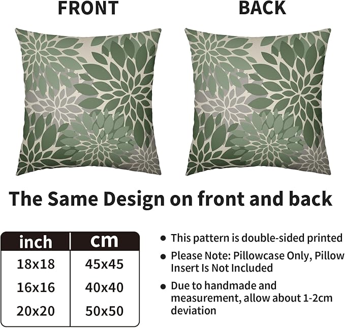 Sage Green Flower Pillow Covers 18X18 Inch Set of 2, Grey Gray Dahlia Floral Spring Summer Cream Decorative Throw Pillow Covers Outdoor Modern Farmhouse Cushion Case for Home Couch Sofa Bed Decor