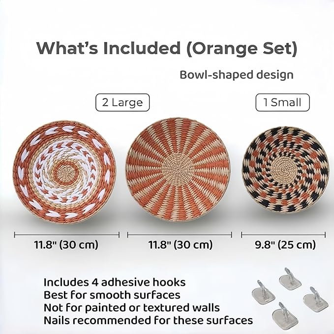 Pwryon Deosur 3PCS Boho Wall Basket Decor – Handmade Bulrush Woven Tray Baskets for Wall Hanging, Rustic Farmhouse Wall Art for Living Room & Bedroom (Orange)