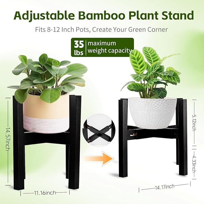Adjustable Bamboo Plant Stand for Indoor Plants, Holder Rack Fits 8"-12" Pots for Living Room, Bedroom, Corner - Space Saving Shelf (Pot & Plant Not Included)(Black)