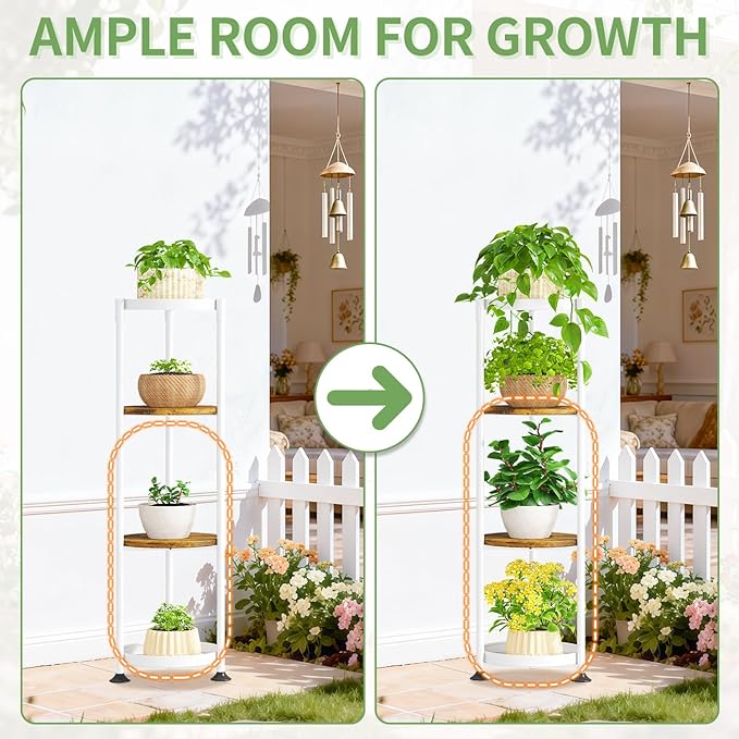 KMOTASUO 4 Tier White Plant Stand Indoor for Large Tall Heavy Duty Planter, Multiple Sturdy Metal Flower Corner Rack for Narrow House Floor, Iron Vertical Level Round Orchi Holder Organizer, Modern