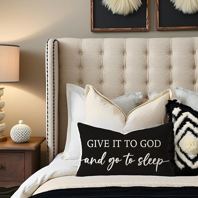 Black and White Christian Throw Pillow Covers 12x20 Inch Set of 2 – Relax God’s Got This/Give It to God and Go to Sleep – Inspirational Lumbar Pillowcase for Couch or Bed Decor