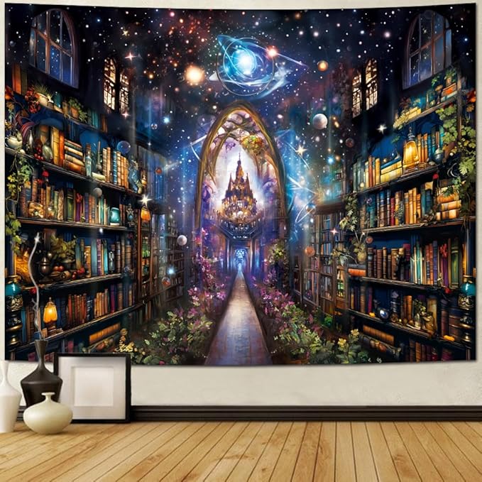 Heynvioo Mysterious Bookshelf Tapestry Galaxy Space Library Tapestry Fantasy Landscape Vintage Aesthetic Tapestries Book Decoration Wall Hanging Decor for Bedroom Home